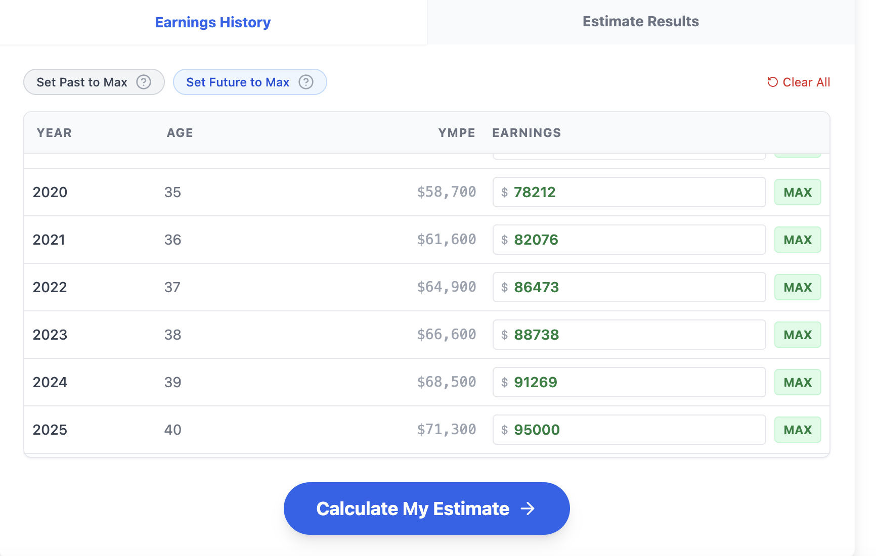 Screenshot of the earnings history tab showing a list of years, YMPE values, and user inputs, with some inputs highlighted green showing max contribution