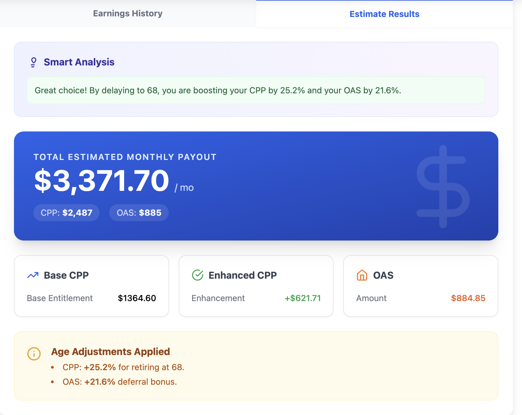Screenshot of the final results tab showing total estimated monthly payout, breakdown of Base CPP, Enhanced CPP, and OAS, and smart analysis insights